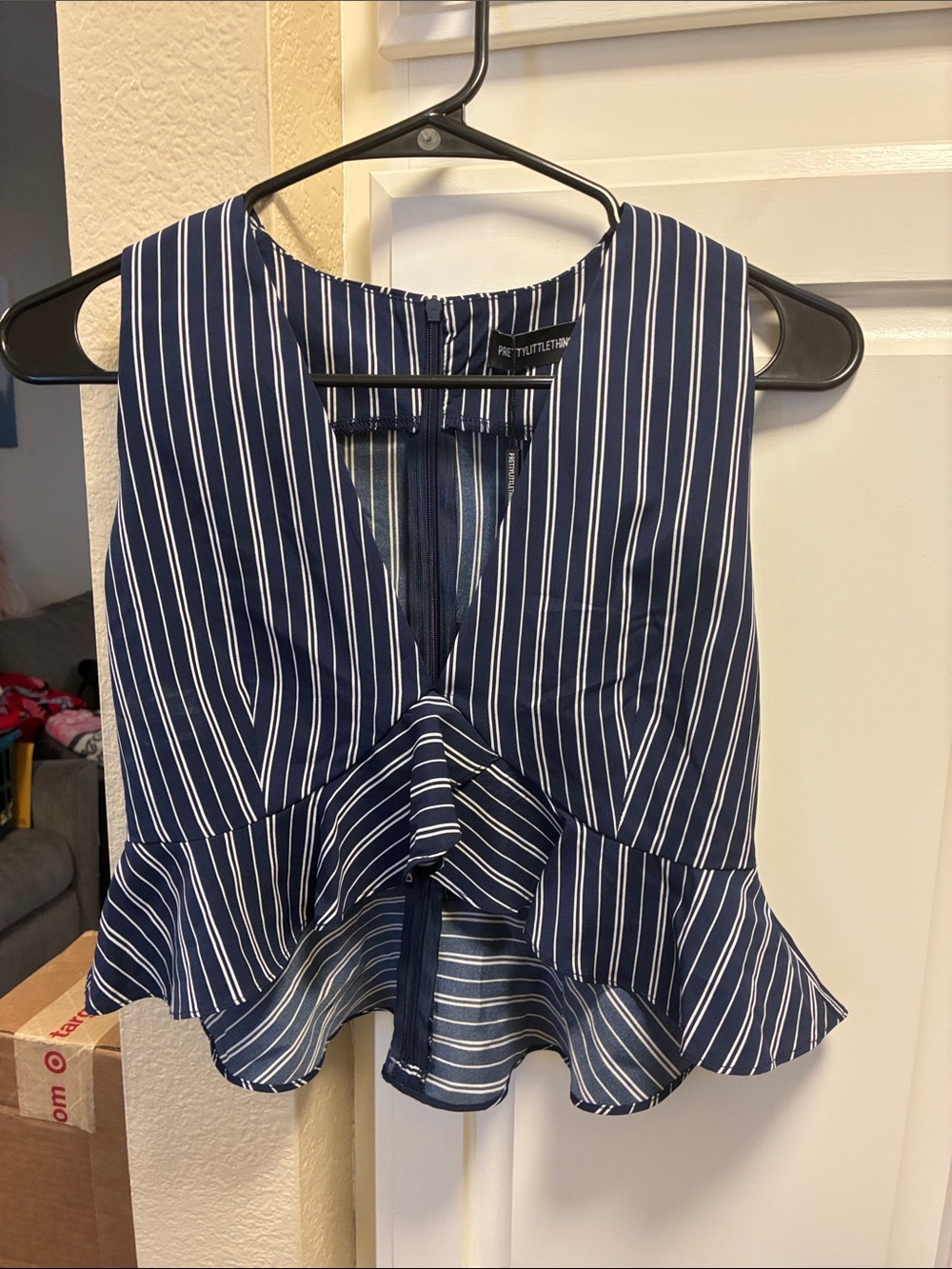PrettyLittleThing navy & white striped cropped sleeveless peplum top NWT